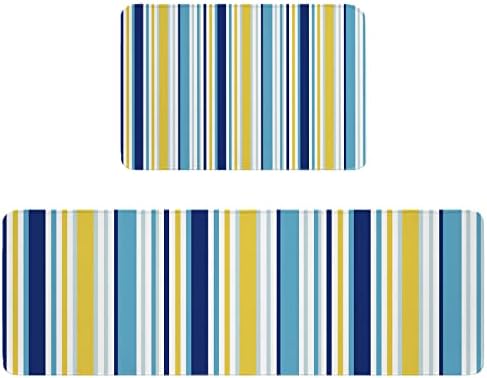 Blue Yellow Striped Kitchen Rug Set 2PCS Non-Slip Mats