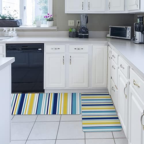 Blue Yellow Striped Kitchen Rug Set 2PCS Non-Slip Mats