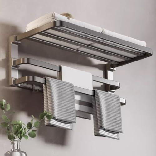 Foldable Towel Shelf with 40cm Hook Wall-Mounted Double Bar Towel Racks