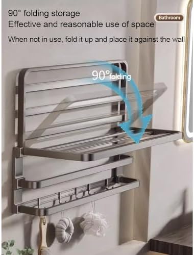 Foldable Towel Shelf with 40cm Hook Wall-Mounted Double Bar Towel Racks