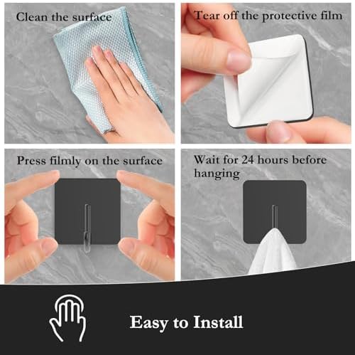 6 Pack Heavy Duty Stainless Steel Adhesive Towel Hooks Black