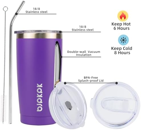 BJPKPK Purple Insulated Tumbler With Lid And Straw 20 Oz