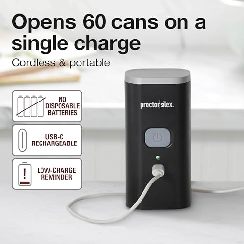 Proctor Silex Electric Can Opener Hands-Free Rechargeable Self-Aligned Compact
