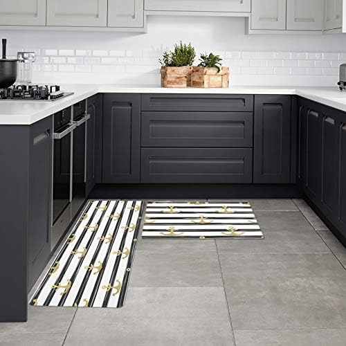 2-Piece Black White Kitchen Mat Set with Anchor Pattern