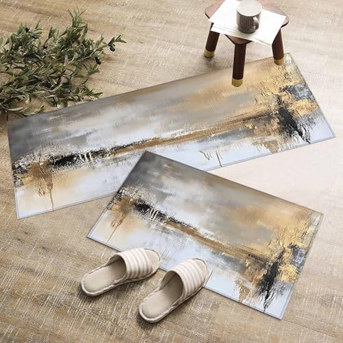 ChenLongwind Kitchen Rugs Set of 2 Abstract Gold Brown