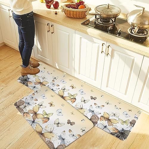 Beige Ombre Butterfly Kitchen Laundry Mat Set