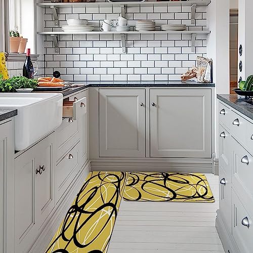 Yellow Geometric Kitchen Rugs Set