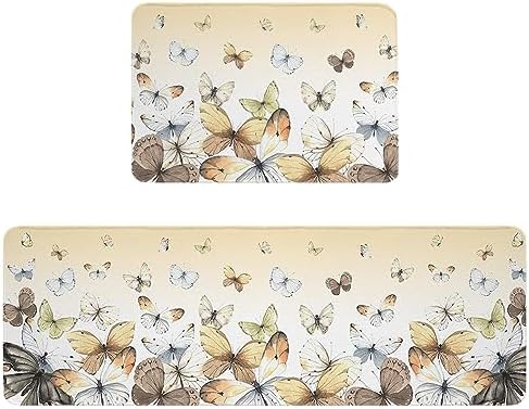 Beige Ombre Butterfly Kitchen Laundry Mat Set