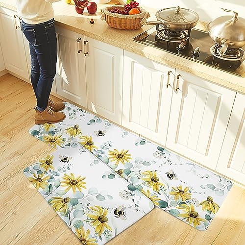 Yellow Flower Kitchen Rug Set 2PCS Non-Slip Absorbent Mats