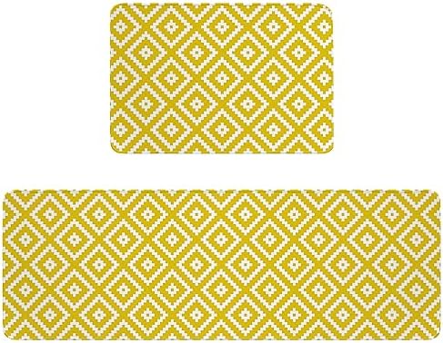 Yellow Geometric Kitchen Rug Set 2PCS Non-Slip Mats