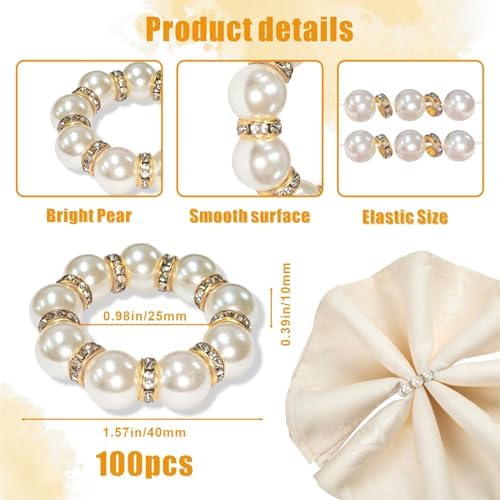 Eunika 100Pcs Wedding Gold Napkin Rings Beaded Decorative Holders