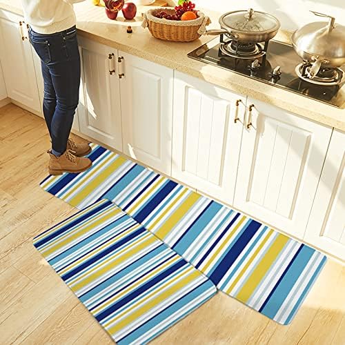 Blue Yellow Striped Kitchen Rug Set 2PCS Non-Slip Mats