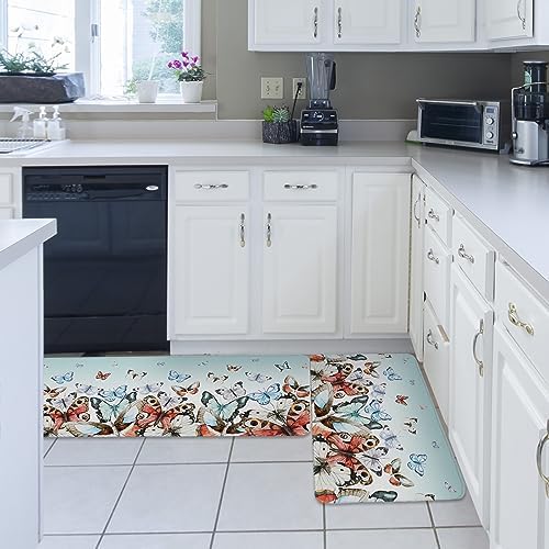 Teal Red Butterfly Kitchen Rug Set 2PCS