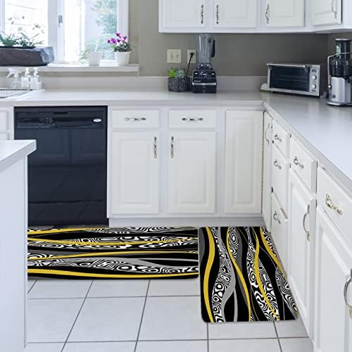 Yellow Geometric Kitchen Rug Set 2PCS Non-Slip Soft Absorbent Mats