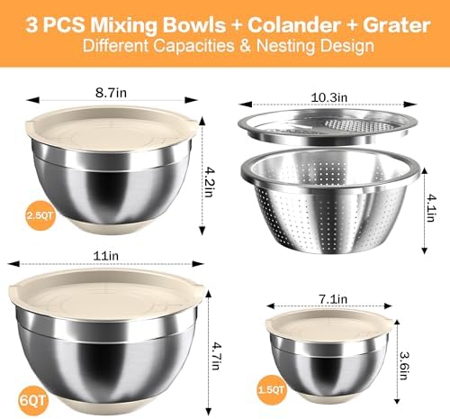Nicdiet Mixing Bowls Set with Airtight Lids Durable Stackable in Khaki