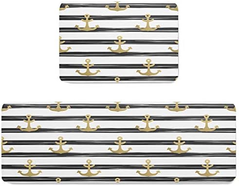 2-Piece Black White Kitchen Mat Set with Anchor Pattern