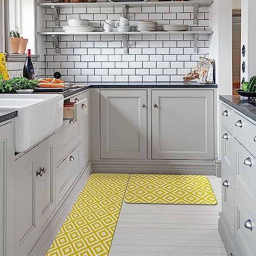 Yellow Geometric Kitchen Rug Set 2PCS Non-Slip Mats