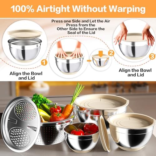Nicdiet Mixing Bowls Set with Airtight Lids Durable Stackable in Khaki