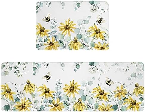 Yellow Flower Kitchen Rug Set 2PCS Non-Slip Absorbent Mats