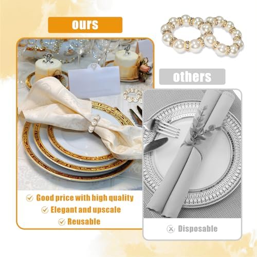Eunika 100Pcs Wedding Gold Napkin Rings Beaded Decorative Holders