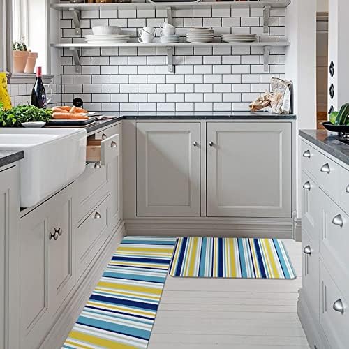 Blue Yellow Striped Kitchen Rug Set 2PCS Non-Slip Mats
