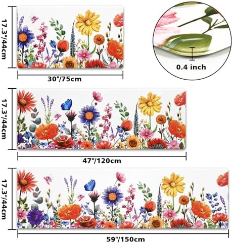 ASPMIZ Spring Floral Kitchen Mats Set of 3 Non Slip