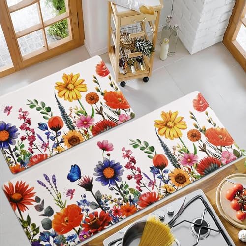 ASPMIZ Spring Floral Kitchen Mats Set of 3 Non Slip