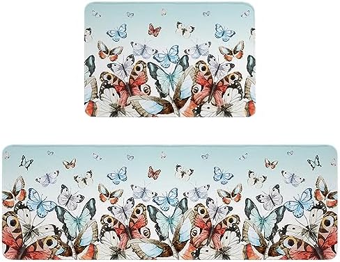 Teal Red Butterfly Kitchen Rug Set 2PCS