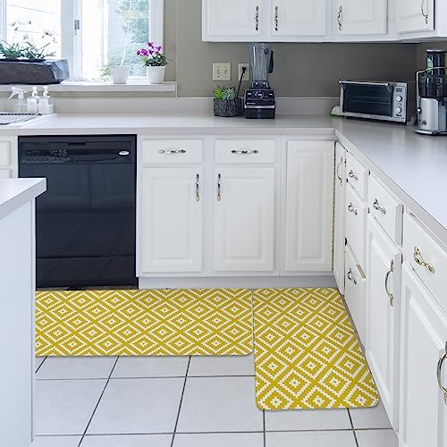Yellow Geometric Kitchen Rug Set 2PCS Non-Slip Mats