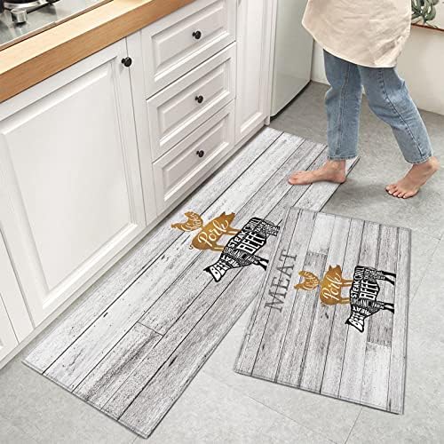 IDOWMATFarm Animal-Themed Kitchen Rugs Set Pig Chicken Cow Barn Wood non-Slip