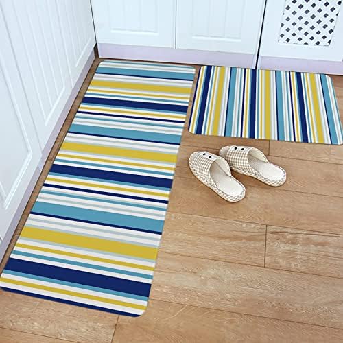 Blue Yellow Striped Kitchen Rug Set 2PCS Non-Slip Mats