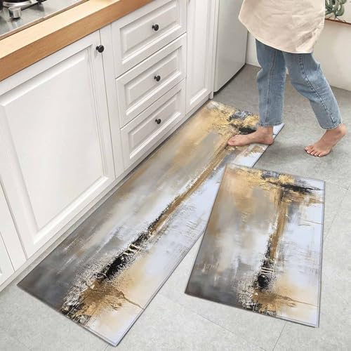 ChenLongwind Kitchen Rugs Set of 2 Abstract Gold Brown