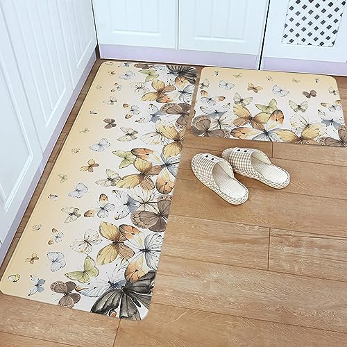 Beige Ombre Butterfly Kitchen Laundry Mat Set