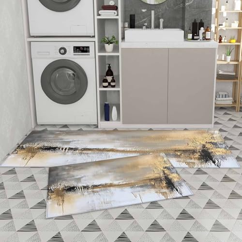 ChenLongwind Kitchen Rugs Set of 2 Abstract Gold Brown