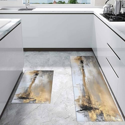 ChenLongwind Kitchen Rugs Set of 2 Abstract Gold Brown