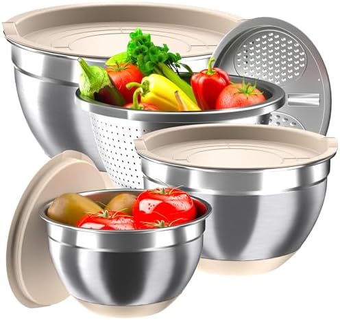 Nicdiet Mixing Bowls Set with Airtight Lids Durable Stackable in Khaki
