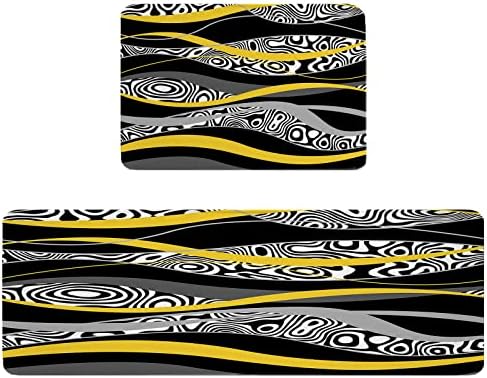 Yellow Geometric Kitchen Rug Set 2PCS Non-Slip Soft Absorbent Mats