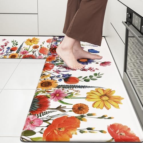 ASPMIZ Spring Floral Kitchen Mats Set of 3 Non Slip