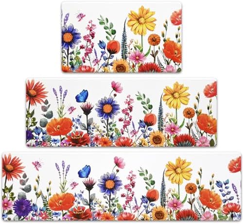 ASPMIZ Spring Floral Kitchen Mats Set of 3 Non Slip