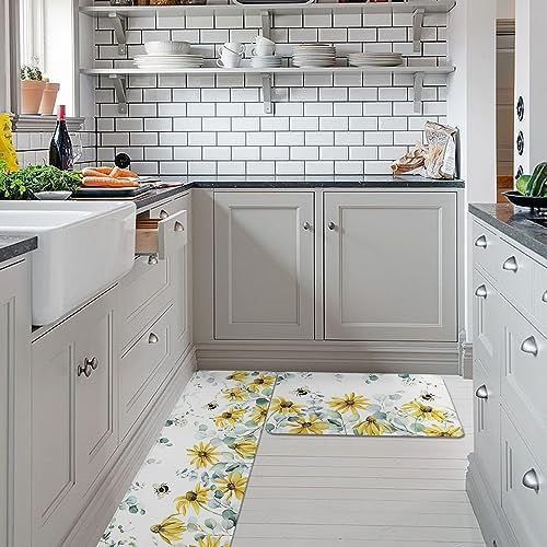 Yellow Flower Kitchen Rug Set 2PCS Non-Slip Absorbent Mats