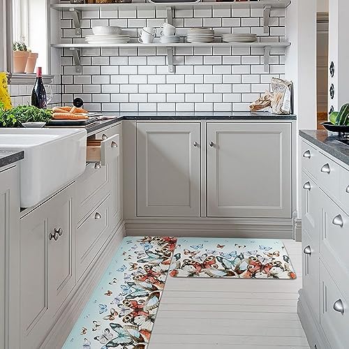 Teal Red Butterfly Kitchen Rug Set 2PCS