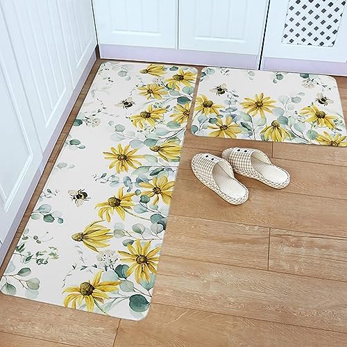 Yellow Flower Kitchen Rug Set 2PCS Non-Slip Absorbent Mats