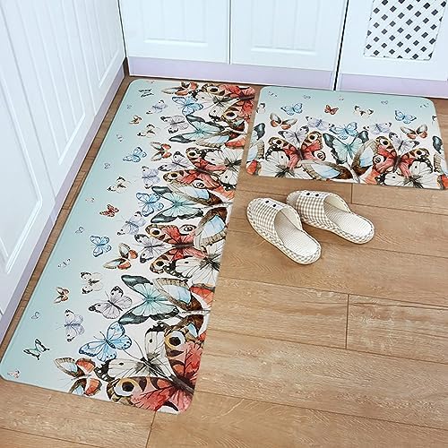 Teal Red Butterfly Kitchen Rug Set 2PCS