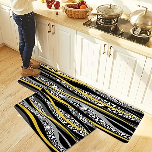 Yellow Geometric Kitchen Rug Set 2PCS Non-Slip Soft Absorbent Mats
