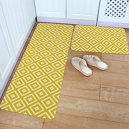 Yellow Geometric Kitchen Rug Set 2PCS Non-Slip Mats