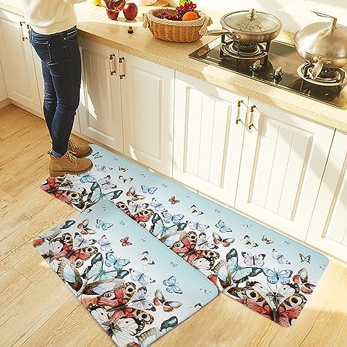 Teal Red Butterfly Kitchen Rug Set 2PCS