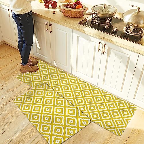 Yellow Geometric Kitchen Rug Set 2PCS Non-Slip Mats