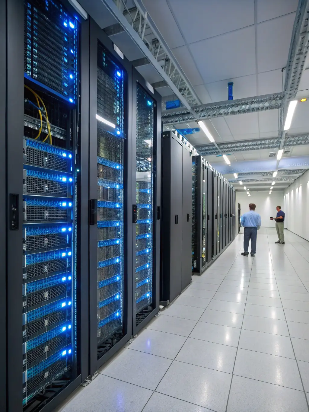 A visually striking image of a server room with subtle AI visualizations overlaid, representing proactive monitoring and issue detection.