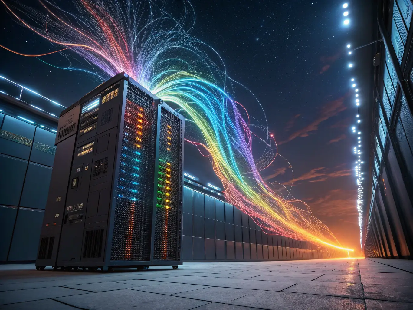 A futuristic image of data streams converging into a central AI core, representing the centralized management and optimization of IT resources.
